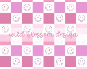 Pink Ombre Checkerboard Smiley Seamless Repeating Pattern Digital File for Personal and Commercial Use