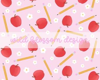 May include: A seamless pattern featuring red apples, yellow pencils, and white flowers on a pink background. The text "wild blossom design" is written in pink cursive across the middle of the pattern.