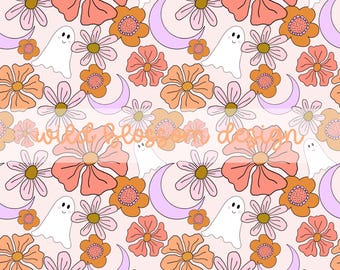 Halloween Boho Floral Groovy Ghosts with Crescent Moon Seamless Repeating Pattern Digital File
