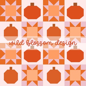 Könnte beinhalten: Ein sich wiederholendes Muster aus orangefarbenen Kürbissen und geometrischen Sternblöcken in Orange-, Hellrosa- und Pfirsichtönen. Der Text wild blossom design ist in einer kursiven orangefarbenen Schrift über die Mitte des Rasters gedruckt.