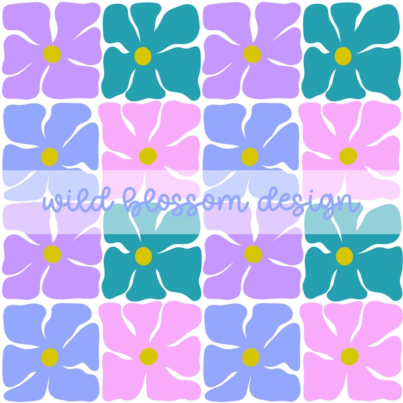 May include: A seamless pattern of pink, purple, and teal flowers with yellow centers. The pattern is repeated throughout the image. The text "wild blossom design" is written in white across the middle of the image.