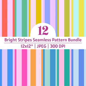 Puede incluir: Un gráfico digital que presenta un patrón de rayas verticales en varios colores brillantes, incluyendo rojo, rosa, amarillo, verde y azul. El texto 12 Bright Stripes Seamless Pattern Bundle 12x12" | JPEG | 300 DPI está centrado en blanco.