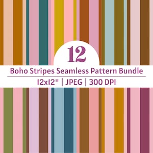 Puede incluir: Un gráfico digital con un patrón de rayas verticales en tonos rosa, marrón, amarillo mostaza y azul verdoso. El texto dice 12 Boho Stripes Seamless Pattern Bundle, 30,48x30,48 cm, JPEG, 300 DPI. El diseño consiste en líneas de colores repetidas.