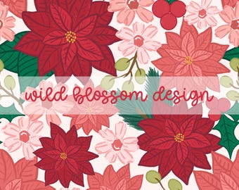 Poinsettia Christmas Holiday Floral Seamless Repeating Pattern Digital File for Personal and Commercial Use