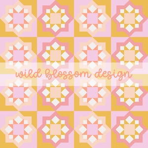 May include: A repeating pattern featuring geometric star-like shapes in shades of pink, peach, and gold. The design is set against a grid of alternating gold and pink squares. The text "wild blossom design" is displayed in a cursive font.