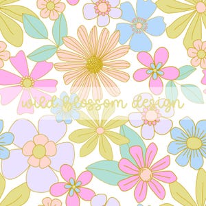 May include: A repeating floral pattern in pastel colors, including pink, blue, yellow, and green, on a white background. The design features stylized flowers and leaves with gold outlines. The text "wild blossom design" is visible.