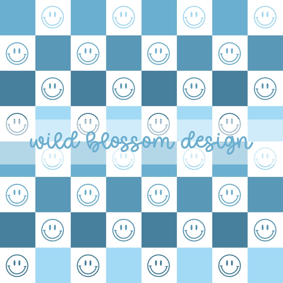 Blue Ombre Checkerboard Smile Happy Face Seamless Repeating Pattern ...