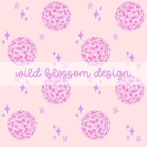 May include: A repeating pattern of pink disco balls and purple stars and diamond shapes on a light pink background. The text "wild blossom design" is written in cursive across the centre of the image.