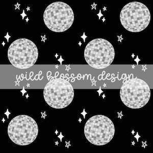Pode incluir: Fundo preto com um padrão de bolas de discoteca prateadas e estrelas brancas. O texto "wild blossom design" está escrito em branco no centro da imagem.