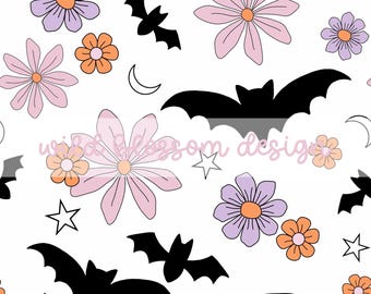Patrón digital de murciélagos florales retro de Halloween con estrellas y lunas, sin costuras, repetitivo