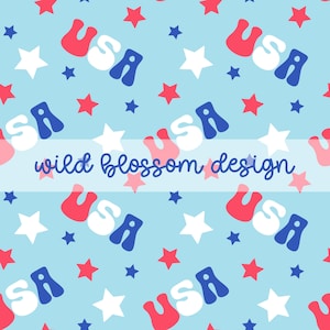 May include: A light blue pattern featuring the word "USA" in red, white, and blue, along with red, white, and blue stars. The text "wild blossom design" is also present. This design is suitable for various patriotic-themed products.