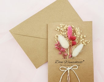 Personalisierte Kraftpapier Karte mit Trockenblumen & Umschlag "Pink" Rosa | Grußkarte