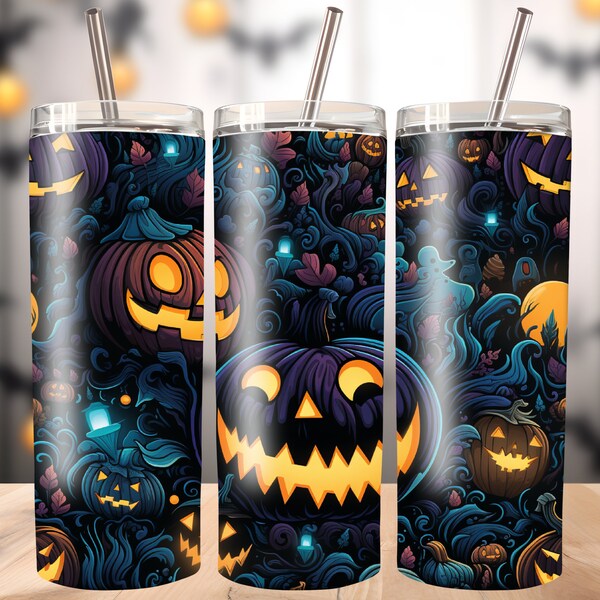 Halloween 20oz Tumbler Design Spooky Jack O Lanterns PNG October Fall Design Digital File Carved Pumpkins Seamless Tumbler Wrap PNG