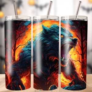 Halloween 20oz Skinny Tumbler Sublimation Design Neon Red Werewolf Halloween Design Digital Full Moon Werewolf October Tumbler Wrap