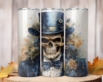 Watercolor Skeleton Tumbler Design 20oz Halloween Skeleton PNG Fancy Skeleton Man Sublimation Digital File Spooky Skinny Tumbler Wrap PNG