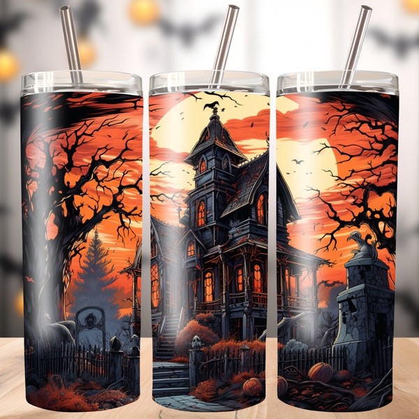 Halloween 20oz Tumbler Wrap Haunted House Sublimation Design Spooky Abandoned House Digital File Haunted Mansion Full Moon Tumbler Wrap PNG