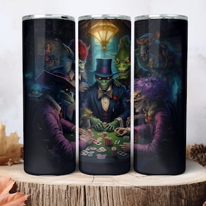 Halloween 20oz Skinny Tumbler Sublimation Design Creature Card Game Design Digital File Monsters Playing Poker Tumbler Wrap Funny Halloween