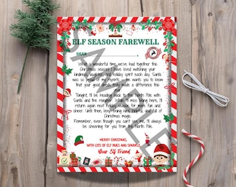 Könnte beinhalten: Ein festlicher Brief mit dem Text "Elf Season Farewell" in Rot und Grün. Der Brief ist mit weihnachtlichen Illustrationen und einem rot-weiß gestreiften Rand verziert. Ein kleiner Weihnachtsbaum und eine Glocke sind ebenfalls zu sehen.
