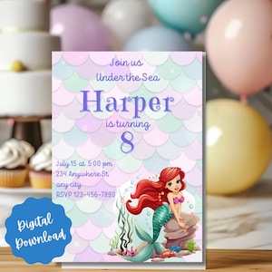 Digital  Little Mermaid party Birthday Invitation Ariel Birthday Party Invitation girl Birthday Invite Canva TemplateInstant Download