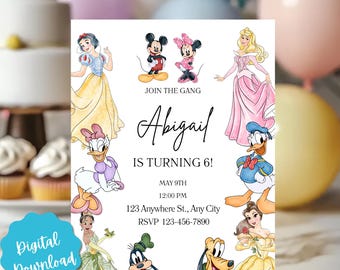 Digital Mickey Mouse Gang and Princesses party Birthday Invitation Walt Disney Disney Party Invitation Girl Birthday Invite Canva Template