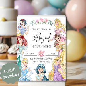 Modèle de toile Invitation numérique fête princesse Disney Disney Walt Disney Invitation fête Disney baies fille anniversaire