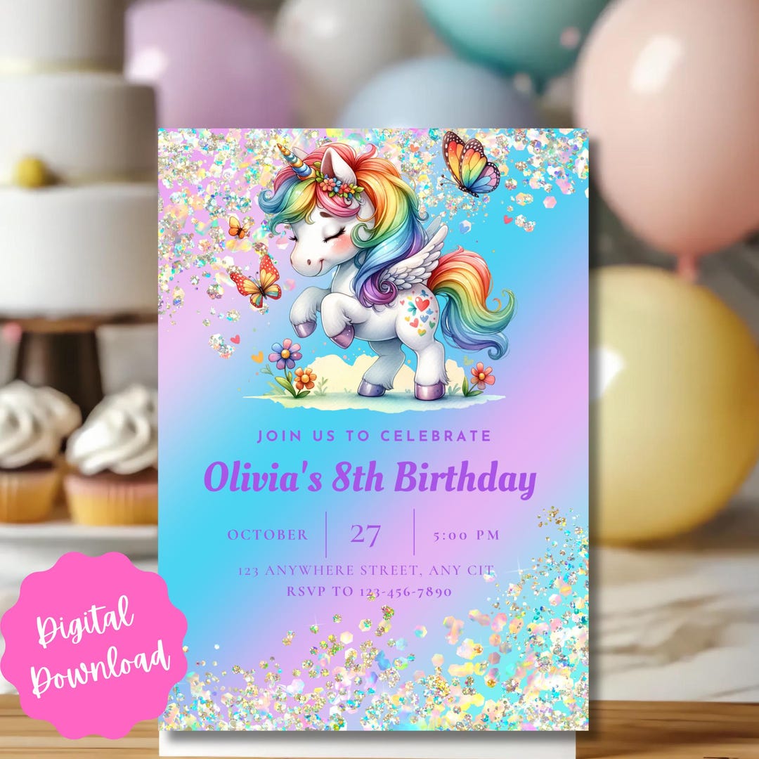 Digital Birthday Unicorn Rainbow Invitation Confetti Magical Party ...