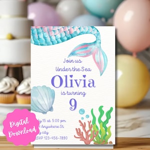 Digital  Under the Sea party Birthday Invitation Mermaid Birthday Party Invitation girl Birthday Invite Canva TemplateInstant Download
