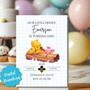 Digital Winnie the Pooh party Birthday Invitation Walt Disney Disney Party Invitation Berries Girl Birthday Invite Canva Template
