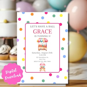 Digital Gumball Machine Birthday Invitation Have a Ball Candy Party Invitation Summer girl Birthday boy Watercolor, Canva Template
