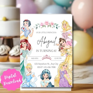 Digital Disney Princess party Birthday Invitation Walt Disney Disney Party Invitation Berries Girl Birthday Invite Canva Template