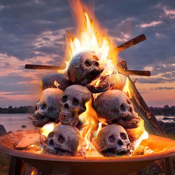Reusable Halloween Firepit Skull Fire Logs, Mitated Human Skull Ceramic, Fireproof Skull Fire Pit Halloween Decor For Party Props