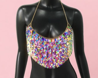 Sequins, Colorful Top, Necklace Body, Chain Boho, Tassel Party, Dance Rave, Harness Bikini Jewelry, Festival Outfit, LGBTQ