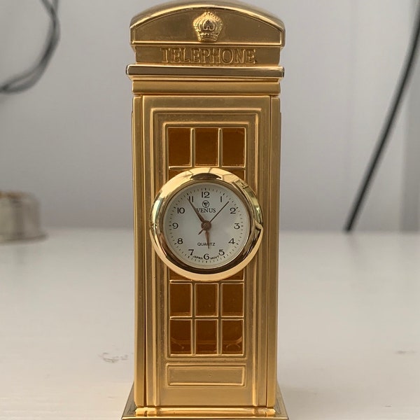 Venus Quartz Gold Plated Telephone Booth Novelty Miniature Clock