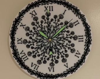 Flora Art Mandala 3D Printed black & white clock