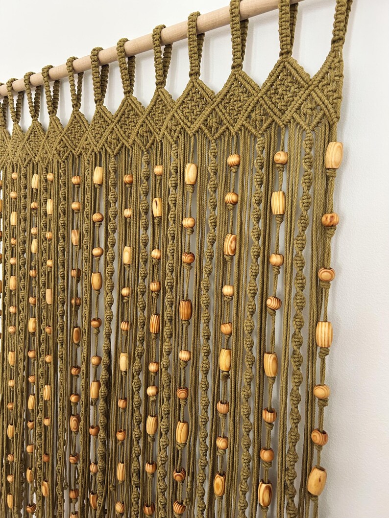 Window Macrame Patterns Macrame Curtain With Wood Beads | Boho Window Curtain | Privacy Curtain ...