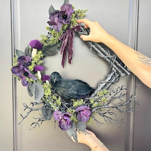 Handmade One of a Kind Gothic Crow Wreath | Spooky Dark Fairytale Raven & Purple Poppies | Unique Halloween Decor |