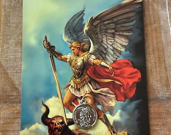 Jeu de cartes de prière et de médailles Saint Michel Archange | Souvenir de protection spirituelle | Cadeau catholique | Carte de prière avec pendentif