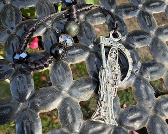 Hand Knotted Santa Muerte Rainbow Obsidian Crystal Rosary - Holy Death Santisima Muerte Religious Jewelry - Mexican Folk Art Meditation