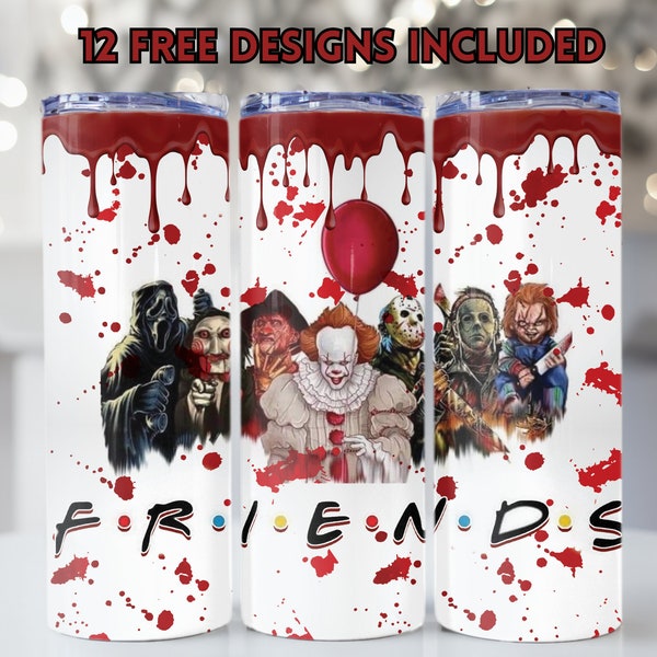 Horror Friends Tumbler Wrap Png, 20oz Skinny Tumbler Wrap, Funny Skinny Tumbler PNG, Scary Movie , Horror Characters Seamless Design Png.