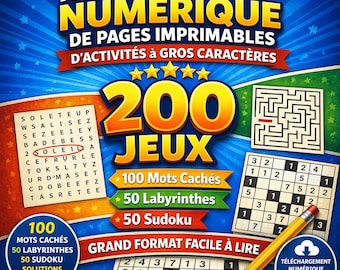 200 Jeux à imprimer PDF | Mots cachés Sudoku labyrinthes | Gros caractères