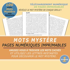 Peut inclure: Un téléchargement numérique de 100 grilles de mots mystère imprimables avec solutions. Les pages présentent des grilles de lettres et le texte Mots Mystère, Pages Numériques Imprimables, Jeu #4, et un badge bleu indiquant Volume 1.