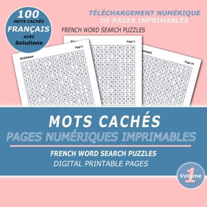 以下が含まれることがあります： デジタル印刷可能なフランス語の単語検索パズル。画像は、"100 Mots Cachés Français Avec Solutions"というテキストが入った青と白のデザインです。パズルは、"French Word Search Puzzles"と"Digital Printable Pages"と表示されています。