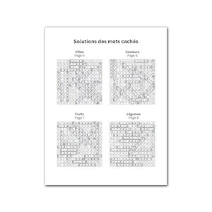 May include: A white paper with the title "Solutions des mots cach&eacute;s" and four word search puzzles. The puzzles are labeled "Villes", "Couleurs", "Fruits", and "L&eacute;gumes". Each puzzle has a grid of letters.