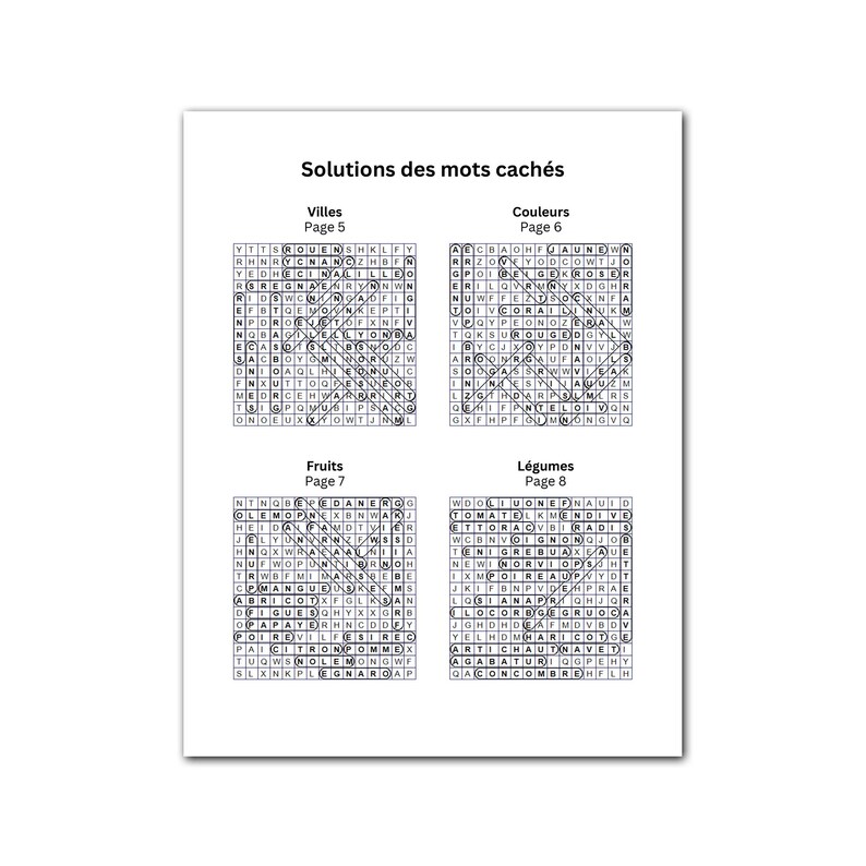May include: A white paper with the title "Solutions des mots cach&eacute;s" and four word search puzzles. The puzzles are labeled "Villes", "Couleurs", "Fruits", and "L&eacute;gumes". Each puzzle has a grid of letters.