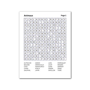 May include: A white paper with a word search puzzle titled "Animaux" and "Page 1". The puzzle contains a grid of letters and a list of animal names in French, including "giraffe" and "lion".
