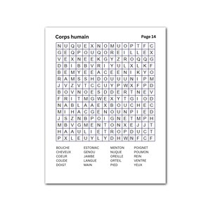 May include: A white page with a word search puzzle titled "Corps humain" (Human Body) and "Page 14". The puzzle contains a grid of letters and a list of French body parts to find, such as "bouche" (mouth) and "yeux" (eyes).