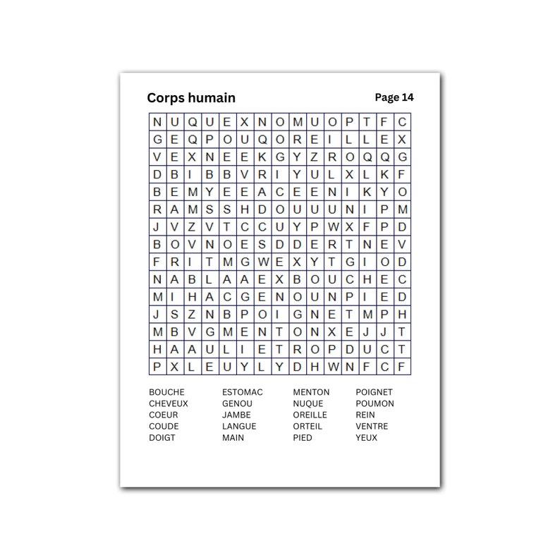 May include: A white page with a word search puzzle titled "Corps humain" (Human Body) and "Page 14". The puzzle contains a grid of letters and a list of French body parts to find, such as "bouche" (mouth) and "yeux" (eyes).