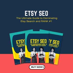 Puede incluir: Una portada de ebook azul y amarilla con el texto "Etsy SEO: The Comprehensive Guide to Dominating Etsy Search" y una foto de dos personas con delantales. El texto "Comprar ahora" está en la parte inferior de la portada.