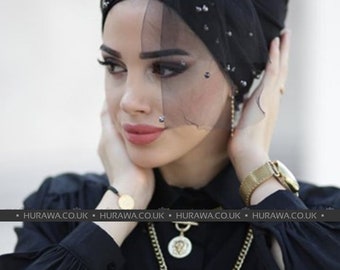 All in One Black Studded Net Turban Style Instant Hijab Scarf Turban Hijab Shawl Hijab Fashion Women's Fashion Gift Ladies