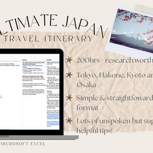 以下が含まれることがあります： 「ULTIMATE JAPAN TRAVEL ITINERARY」というタイトルのMicrosoft Excelスプレッドシートを表示するラップトップ。画像には富士山の写真が含まれており、200時間以上の調査、東京、箱根、京都、大阪、シンプルな形式、役立つヒントを強調するテキストが含まれています。